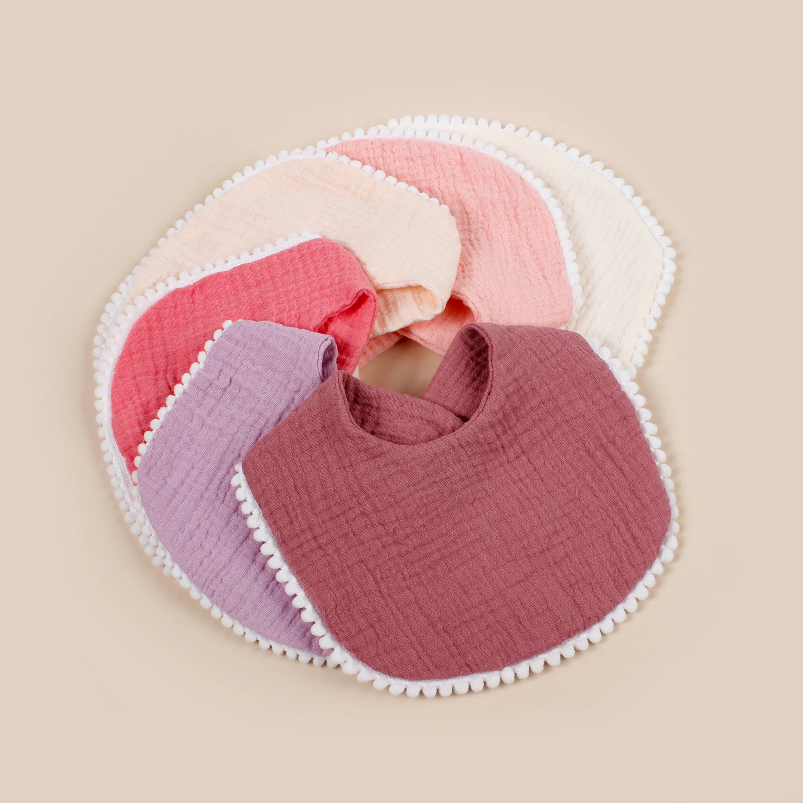 6pcs/Lot Double Layer Cotton Muslin Solid Color Baby Bib Polyester Fabric Lace Dorp Shape Towel With Button