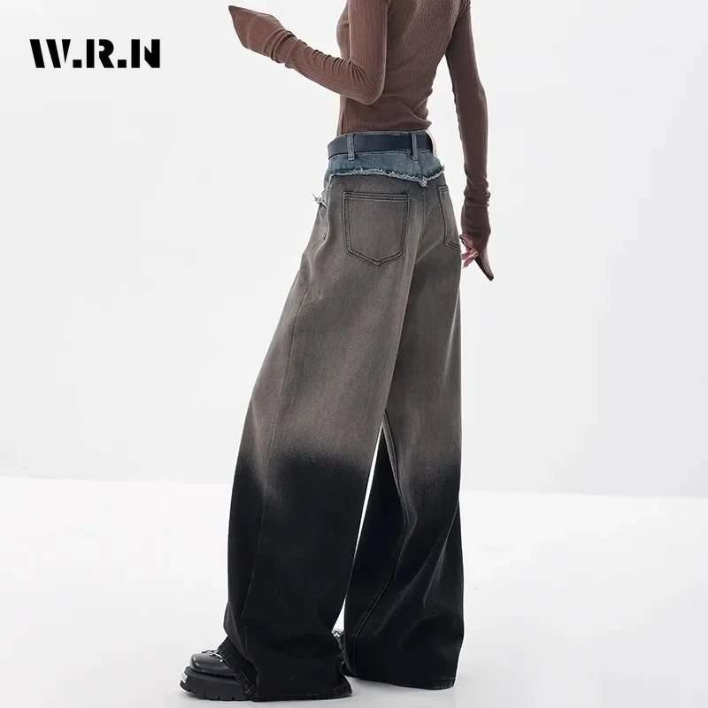 American Vintage High Waist Straight Jeans Women\'s Casual Grunge Pants Baggy Y2K Wide Leg High Street Patchwork Denim Trouser