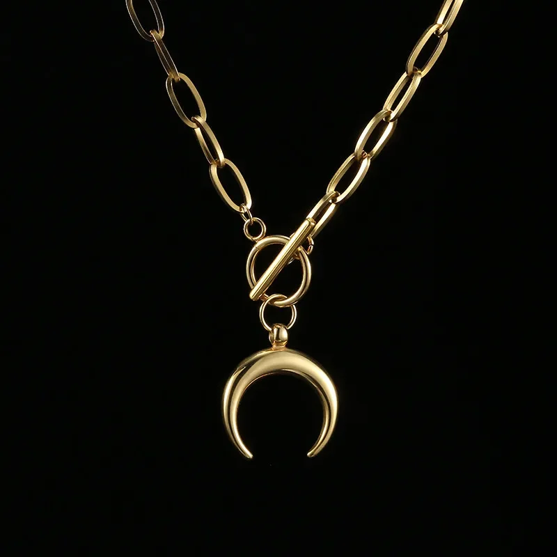 Collares de media luna de media luna de acero inoxidable, Collar de luna de cuerno de buey de Metal, Gargantilla de palanca de cadena gruesa y resistente