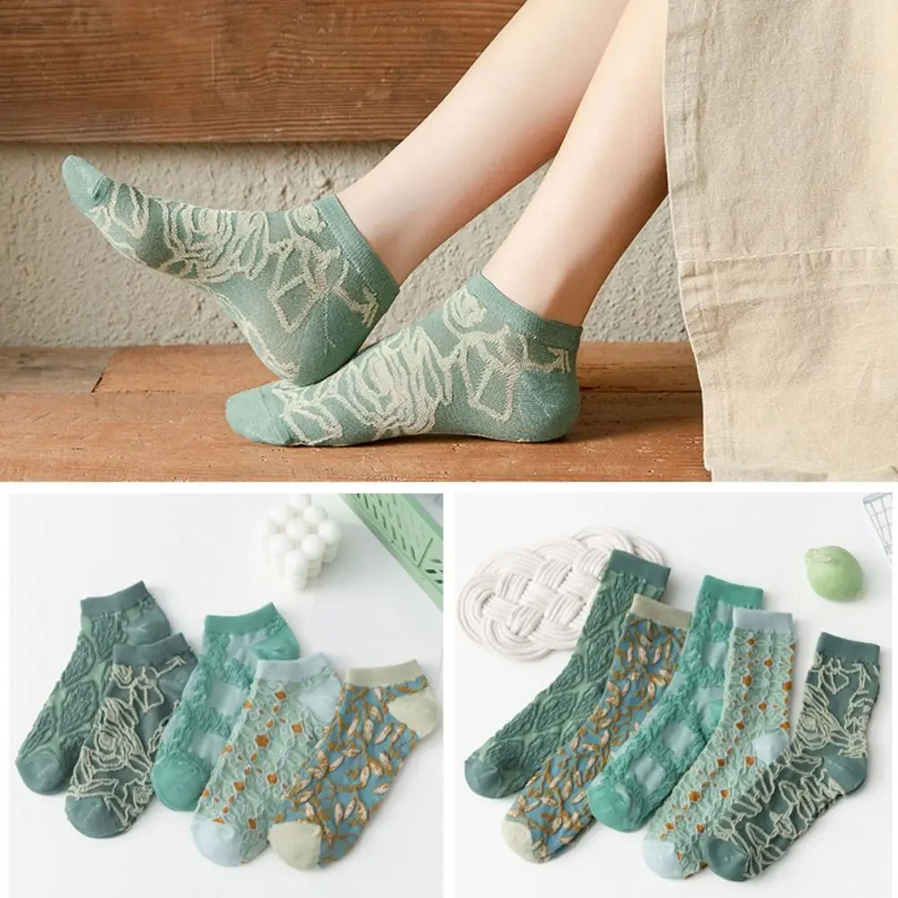 

5Pairs Fashion Flower Floral Tube Socks Thin Retro Style Girls Mid-calf Socks Streetwear Hosiery Sweet Sock Women Female