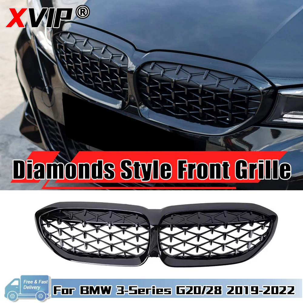 XVIP For BMW G20 G21 330i M340i xDrive 2019-2022 Glossy Black Diamonds Style Front Kidney Grill M Sport Style Bumper Grille