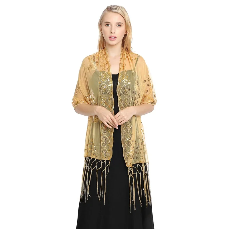 

Sequin Shawl Peacock Embroidery Fringe Wrap Party Evening Dress Shawl