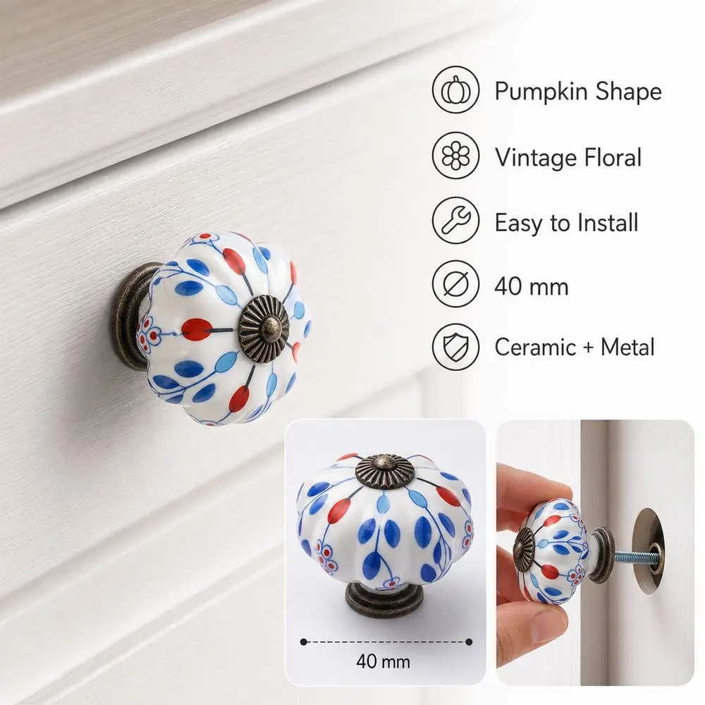 New Ceramic Drawer Pulls Pumpkin Shape Floral Pattern Furniture Knobs Vintage Style Decorative Knobs Cupboard Door