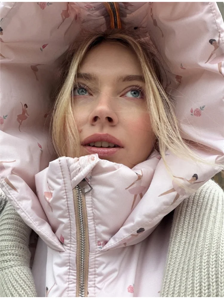 معاطف قطنية فضفاضة دافئة مطبوعة باللون الوردي أنيقة للنساء بسحاب عصري وأكمام طويلة مع قلنسوة ملابس نسائية غير رسمية للتنقل في الشارع