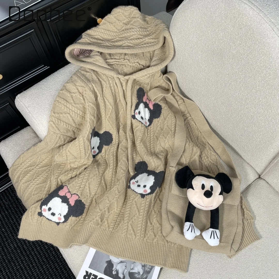 Autumn and Winter New Korean Style Cartoon Jacquard Loose Hooded Sweater with Bag Womens Kawaii Clothes Oversized Sweater