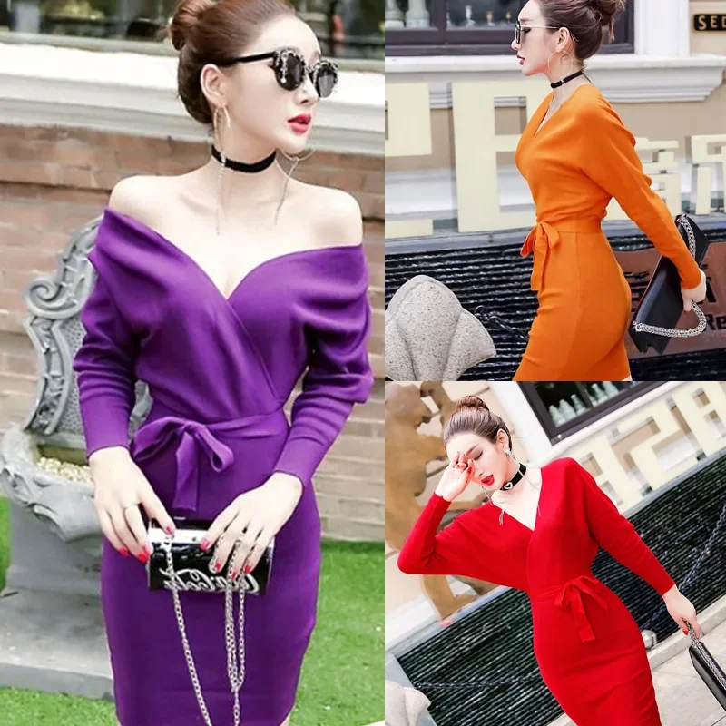 

Female Casual Fashion Vestidos 2024 Autumn Winter Womens Sexy Long Sleeve V Neck Thin Lace Up Knitted Bag Buttock Dress Q197