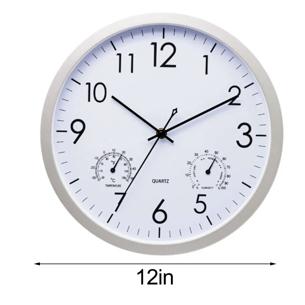 12in Quartz Wall Clock With Thermometer And Hygrometer Round Radio Wall Clock Silent Wall Clock For Living Room Kitchen Clock