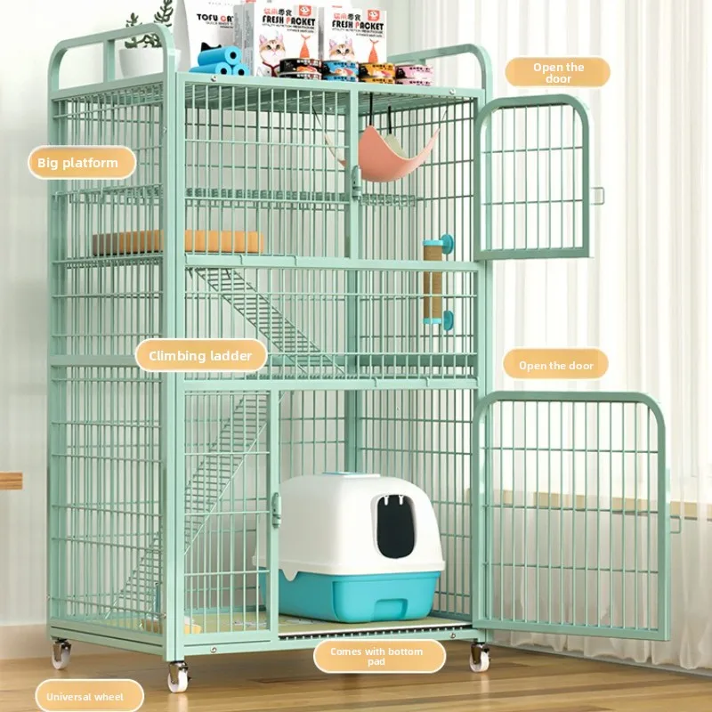 

Large Cat House Square Tube Metal Enclosure Multi-Level Kitty Mansion & Pet Playpen Movable Storage Shelf & Comfortable Cat Bed