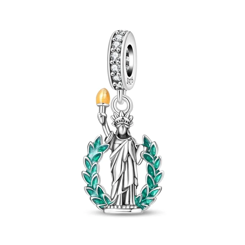 

New 925 Sterling Silver Statue Of Liberty Charms Beads Sparkling Zircon Dangle Fit 3mm Original Bracelet DIY Women Party Jewelry