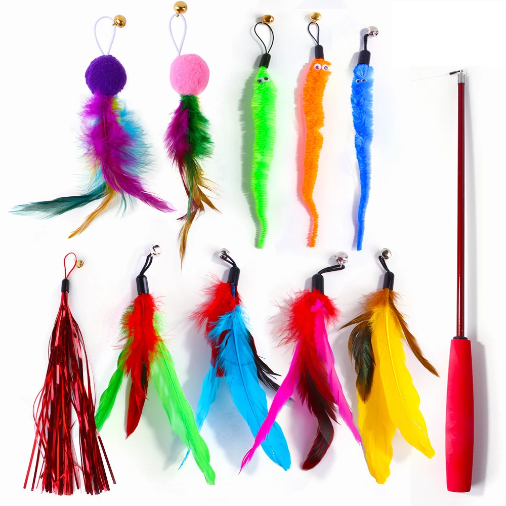 

Cat Playmate Work Out Toys Stuffed Hairball Feather Replacement Head Retractable Fishing Rod 11-Piece Fun Plush Set Random Color