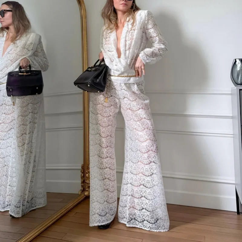 Spring New Sexy Deep V Lace See-through Top and Trousers Two-piece Women's Fashion Casual Set Fashionable Sexy Women's Clothing