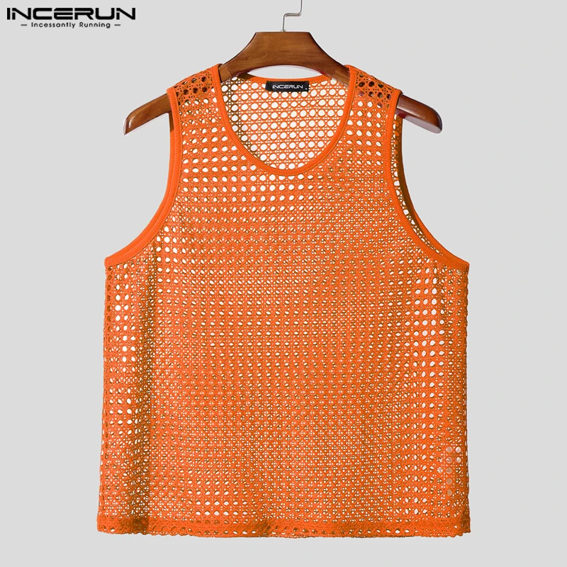 INCERUN Männer Tank Tops Mesh Aushöhlen Oansatz Ärmellose Männliche Westen Streetwear Sommer Sexy Durchsichtig Mode Männer Kleidung S-5XL