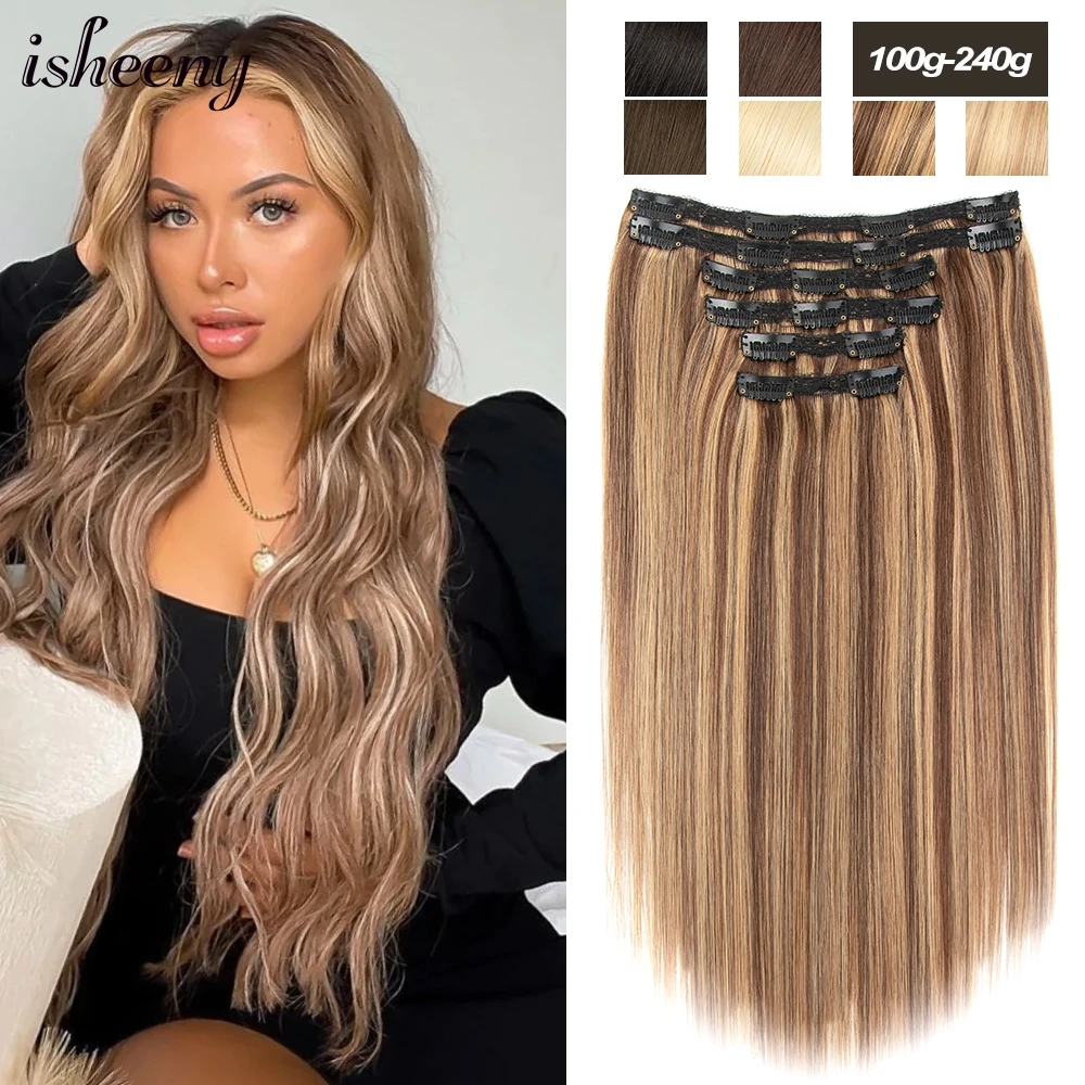 

Isheeny Invisible Clip in Human Hair Extensions Full Head 14"-24" Brazilian Machine Remy Clip Hairpiece Straight 140g to 240g