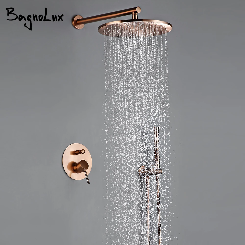 Brushed Rose Gold Shower Sets Brass Hot Cold Bathroom Faucet Mixer Tap Wall Mount Arm With Diverter, Handheld, Rian Shower Head