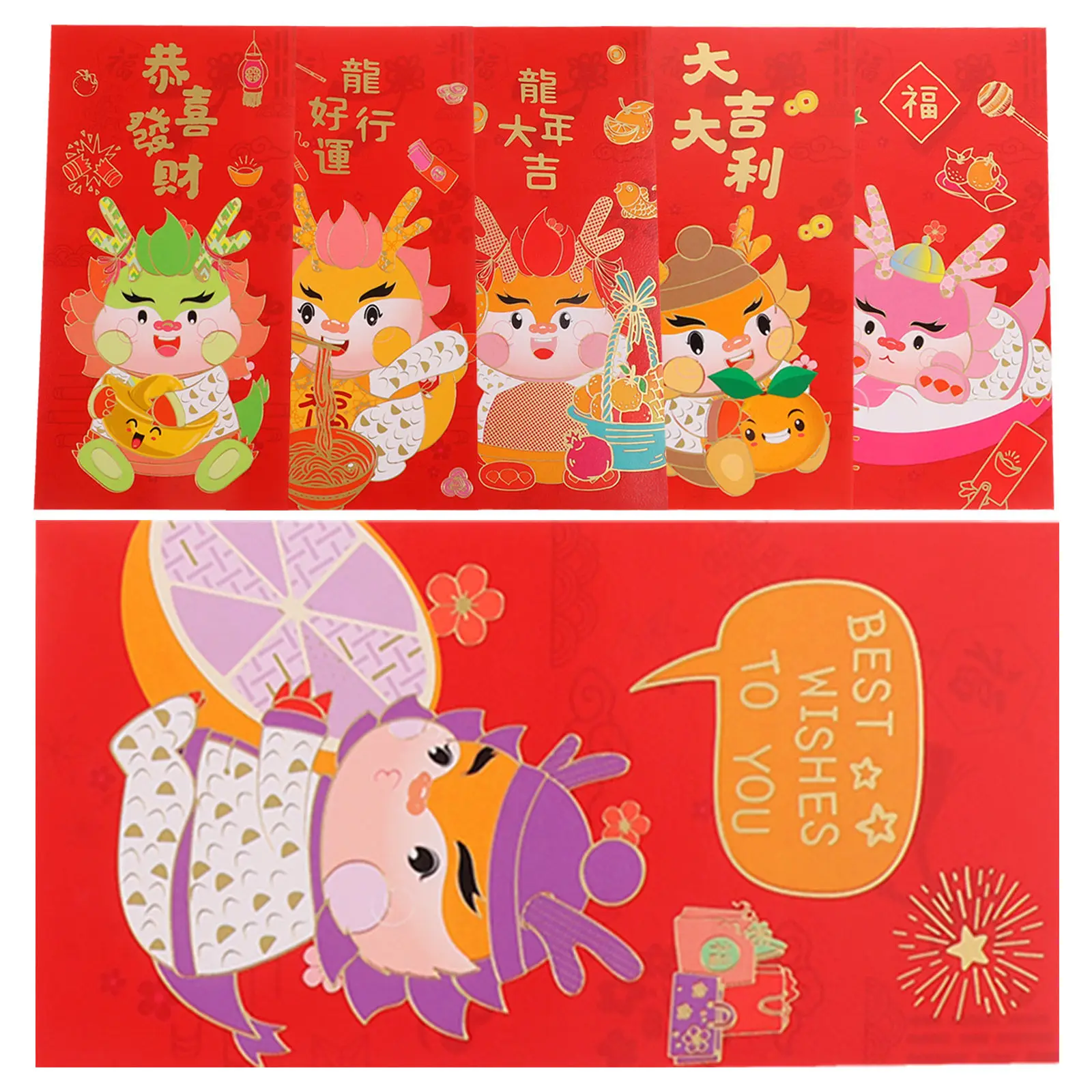 

6Pcs Lunar New Year Red Envelopes 2024 Chinese Zodiac Dragon Design Sturdy Smooth Paper Red Packets for Blessings Prosperity