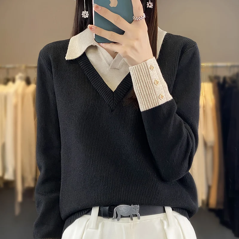 Women Autumn Winter Pure Wool Blend Sweater Polo V-neck Color Blocking Splicing Pullover Female Soft Casual Knitted Basis Top