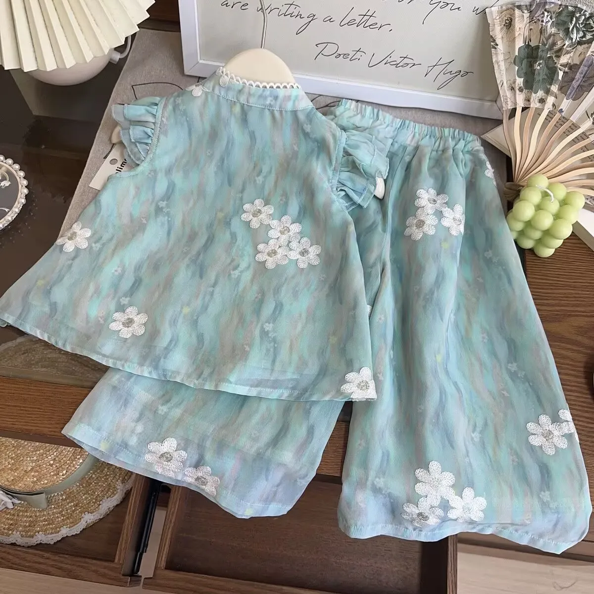 

Summer Girl Suit 2025 New Embroidered Lace Vest Top Wide Leg Pants New Chinese Two-piece Set