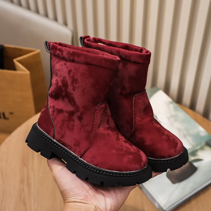 Inverno Solid Girls Fashion Boots Warm Soft PU Leather bambini scarpe a metà polpaccio peluche Slip On Kids Chelsea Boots