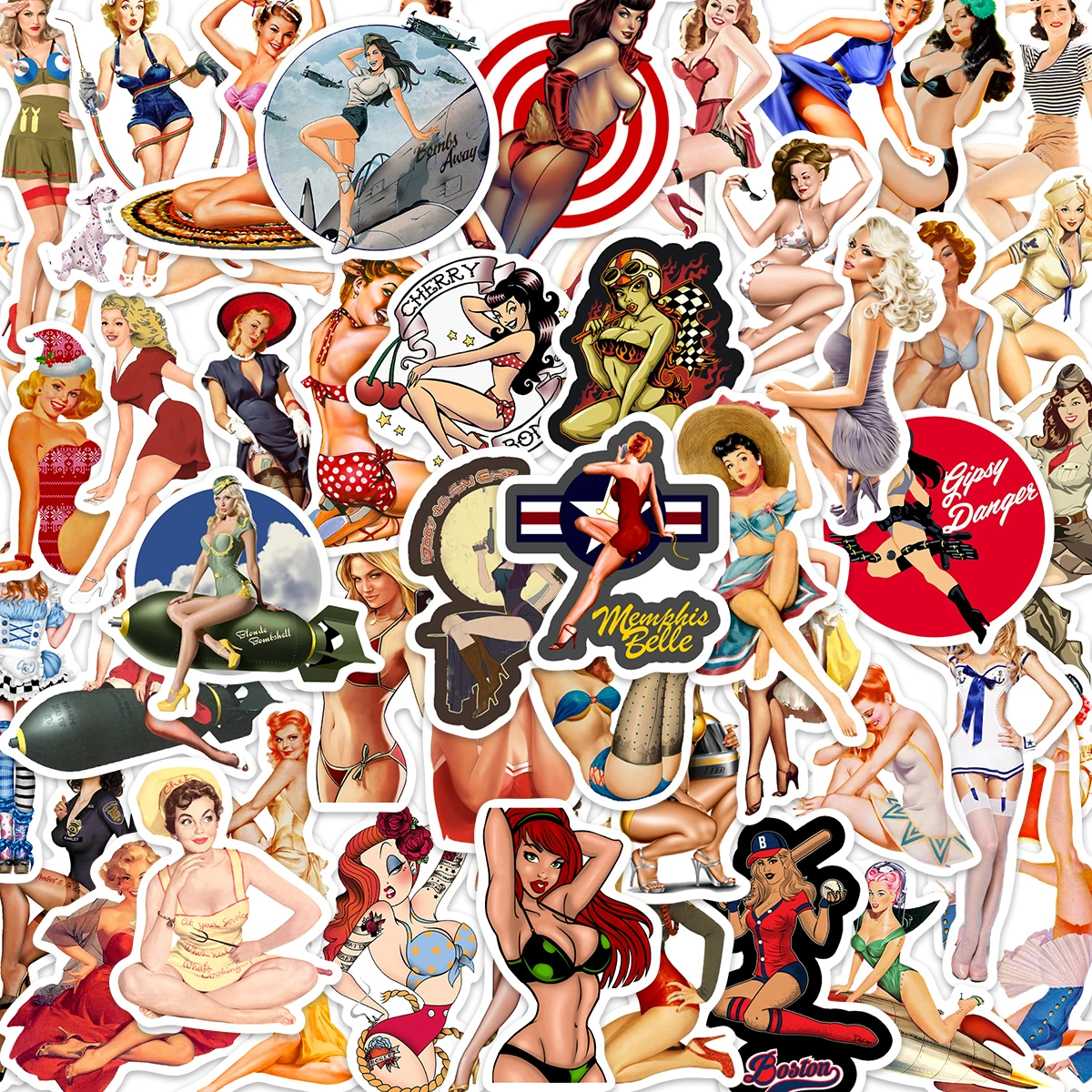 50pcs Europe And America Retro Girl Pin Up Girl Stickers Graffiti Skateboard Waterproof Luggage Laptop PVC Car Stickers Decal