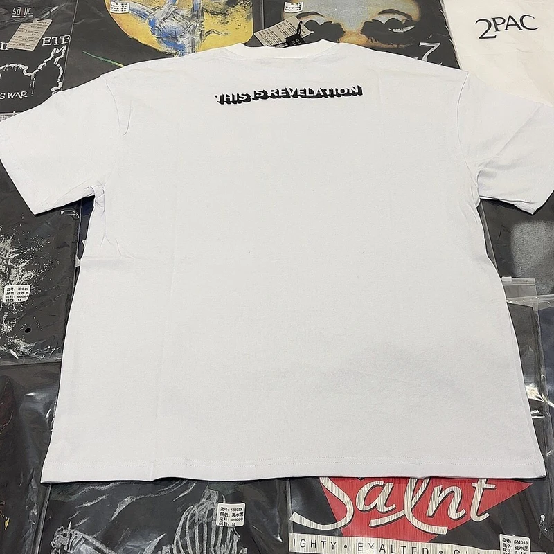 Real Photo 3D Shadow Letter Logo Print Saint Tshirts Washed White Round Neck Short Sleeves Summer Streetwear Men Women Top Tees