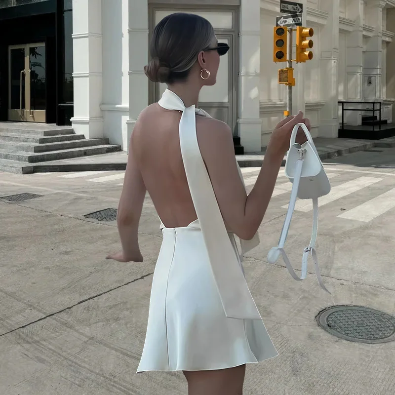 Women White Satin Elegant Sexy Backless Scarf Ribbon Neck Lace-up A-line Luxury Evening Dress
