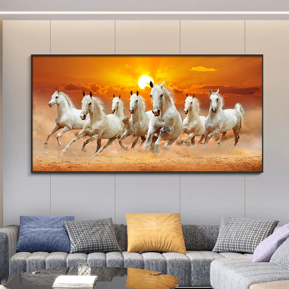 7 White Running Horses Canvas Painting Print Modern Wall Art Animal Poster Setting Sun Landscape Pictures Living Room Home Decor