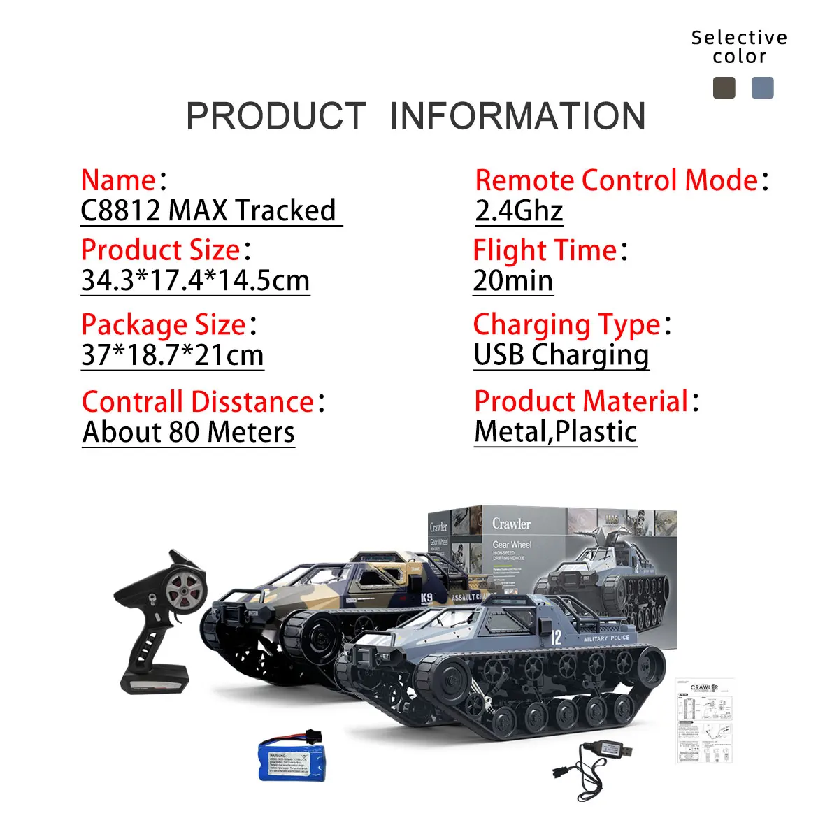 JJRC C8812 tanque con orugas a escala completa, modelo de simulación, juguete con luz LED, modelo de coche RC, Control remoto de deriva, vehículo todoterreno, regalo para niño