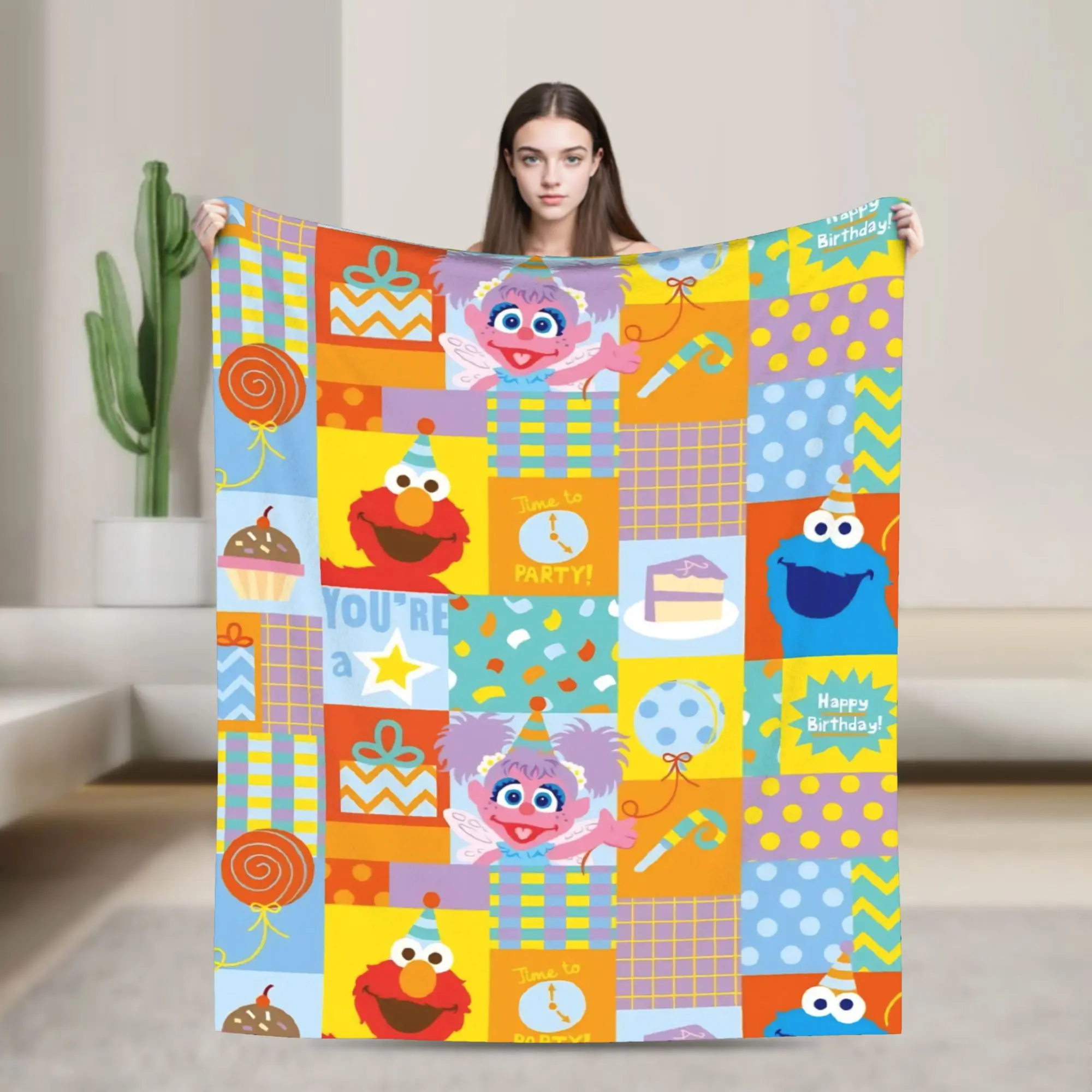 Sesames Streets Blanket Happy Birthday Flannel Vintage Soft Throw Blanket for Bed Sofa  Winter,