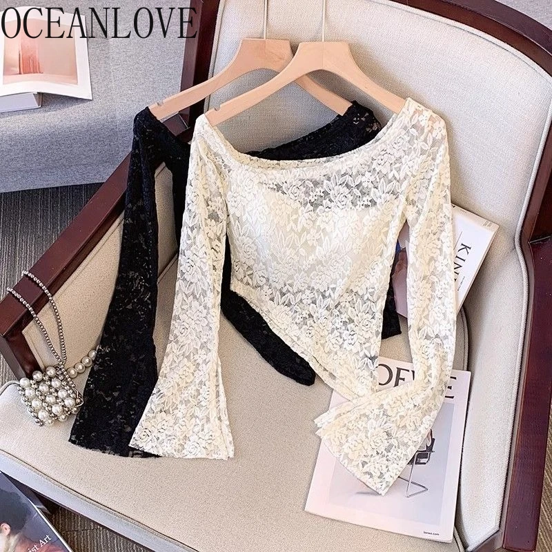 

OCEANLOVE Lace Blouses Skew Collar Irregular Spring Autumn Solid Women Shirts Flare Sleeve Korean Fashion Sexy Blusas Mujer