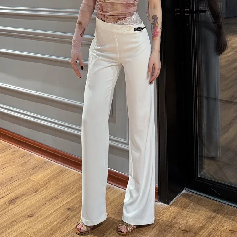 

2025 Lace Hollow Out Latin Dance Trousers Women Performance Clothes Straight Through Pants Adult Slimming Training Pants