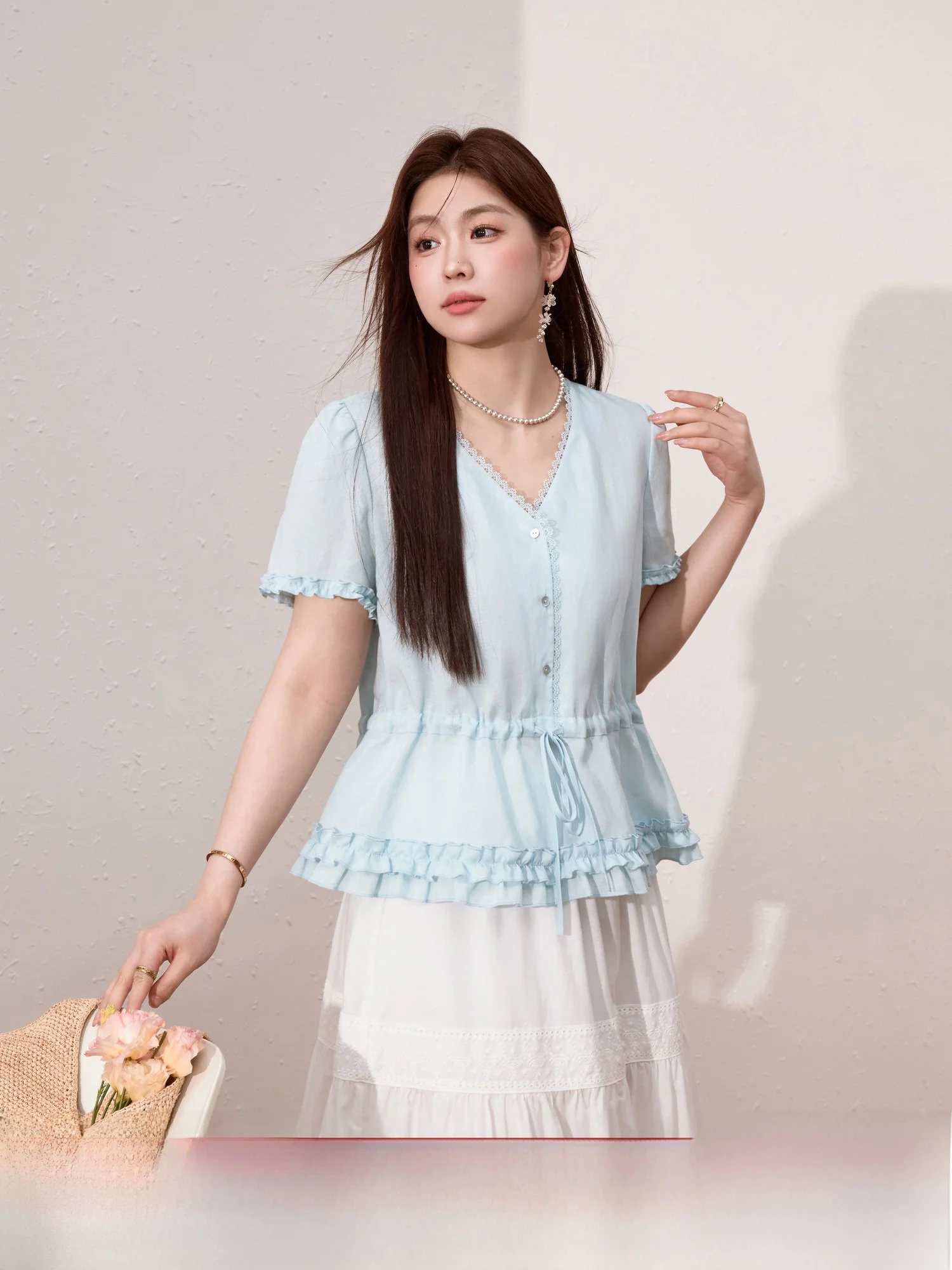 

Blue Language plus Size Women's irt Beautiful Wood ain ort Sve Dstring Slimming Summer New Sle Top