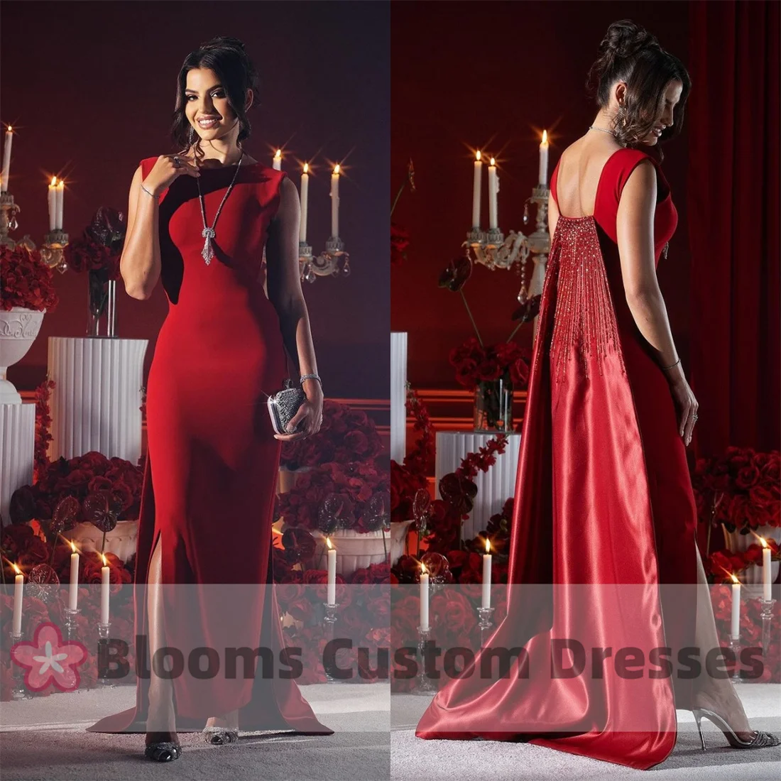 Blooms Red Crepe Prom Dress With Beaded Satin Train Backless Formal Occasion Gown Sleeveless Party Evening Dresses