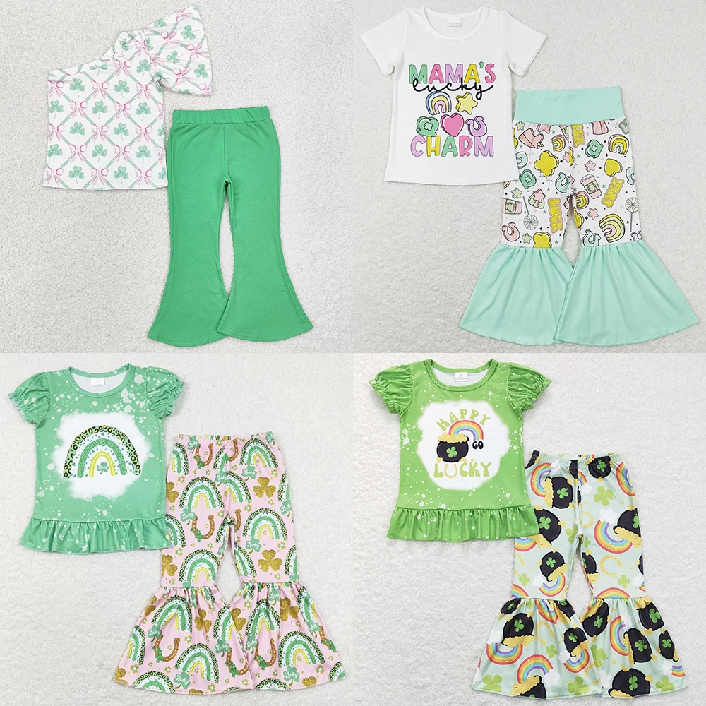 New Fashion Baby Girls Clothes St Patrick Quatrefoil Bows Short Sleeve Bell Bottom Outfits Boutique Toddler Girls Clothes Sets