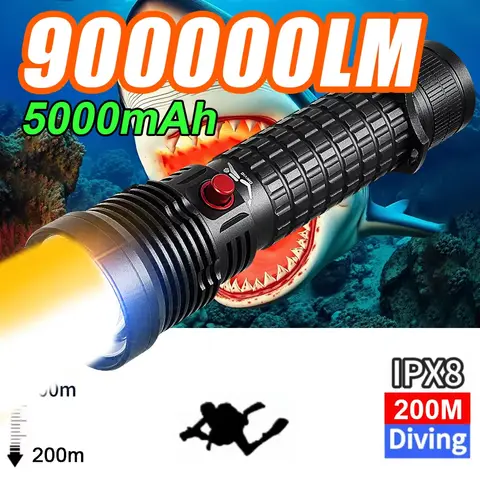 Linterna de buceo de doble luz 900000   Antorcha de buceo nocturno Lumen IPX8, lámpara subacuática con certificación CE, linterna impermeable recargable de la UE