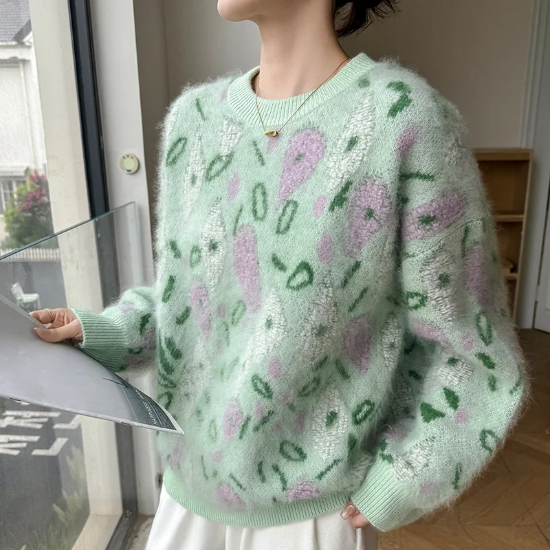 Fashion Ladies 100% Cashmere Sweater O-Neck Long Sleeve Pullover Soft Warm Loose Color Matching Blouse for Women