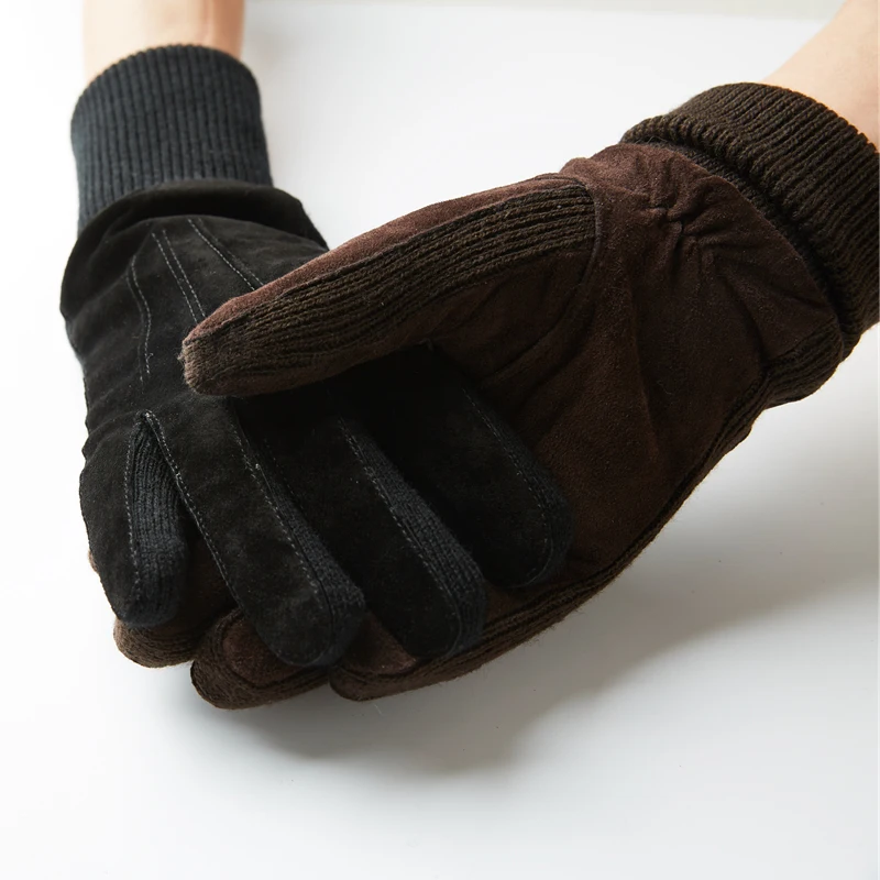 Suede Glove Men Winter Knitted Rib Tightening Mouth Pigskin Mitt Male Plus Velvet Thickened Riding Motorcycle Long Warm Luvas