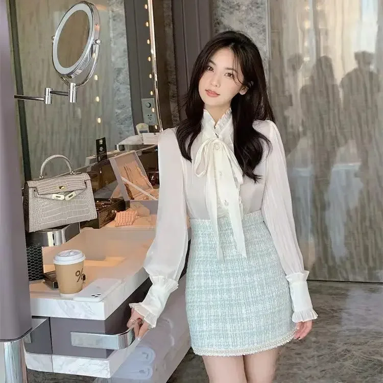 Korean Fragrant Blue Tweed Coat Bow Chiffon Shirts Lace Up Tops Short Plaid Skirts Faldas Elegant Office Lady Sets 2024