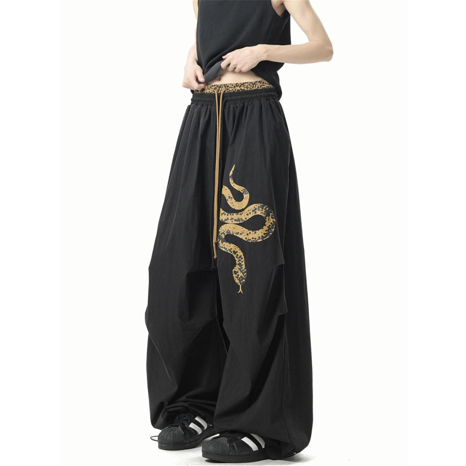 Women's Y2K Streetwear Oversized Baggy Pants Black with Snake Print Drawstring Wide Leg Trousers Casual Fashion Pants