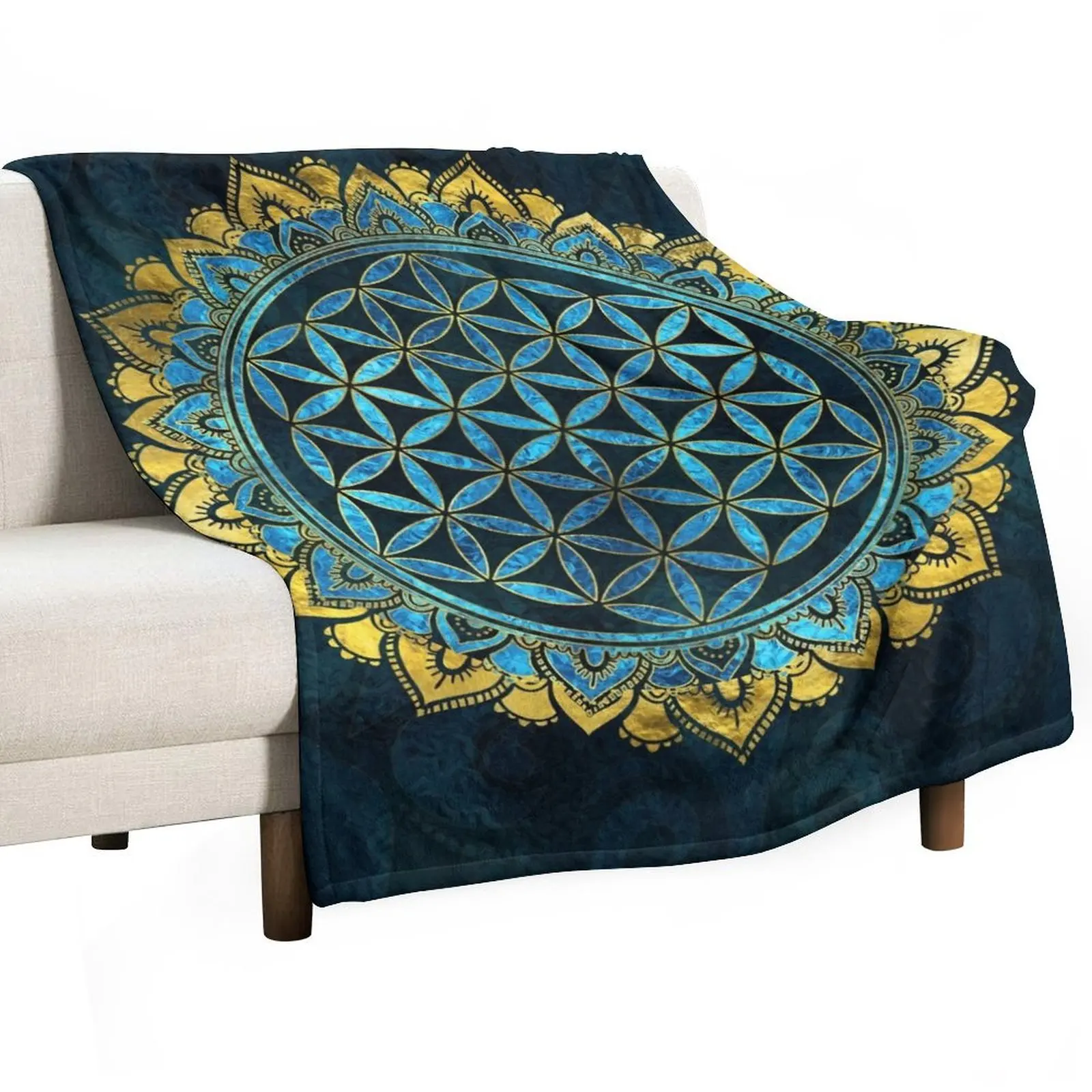 Flower of life gold an blue texture glass Throw Blanket Custom Flannel Camping Blankets