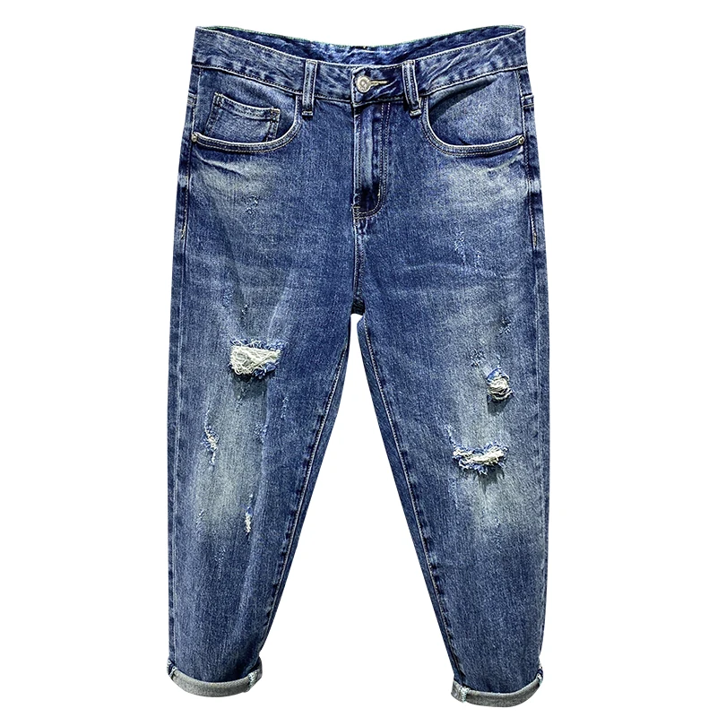 

Mens Ripped Jeans Blue Stretch Distressed Broken Hole Streetwear Cropped Pants Denim Jeans Baggy Leg Ankle-Length Pants Hombre