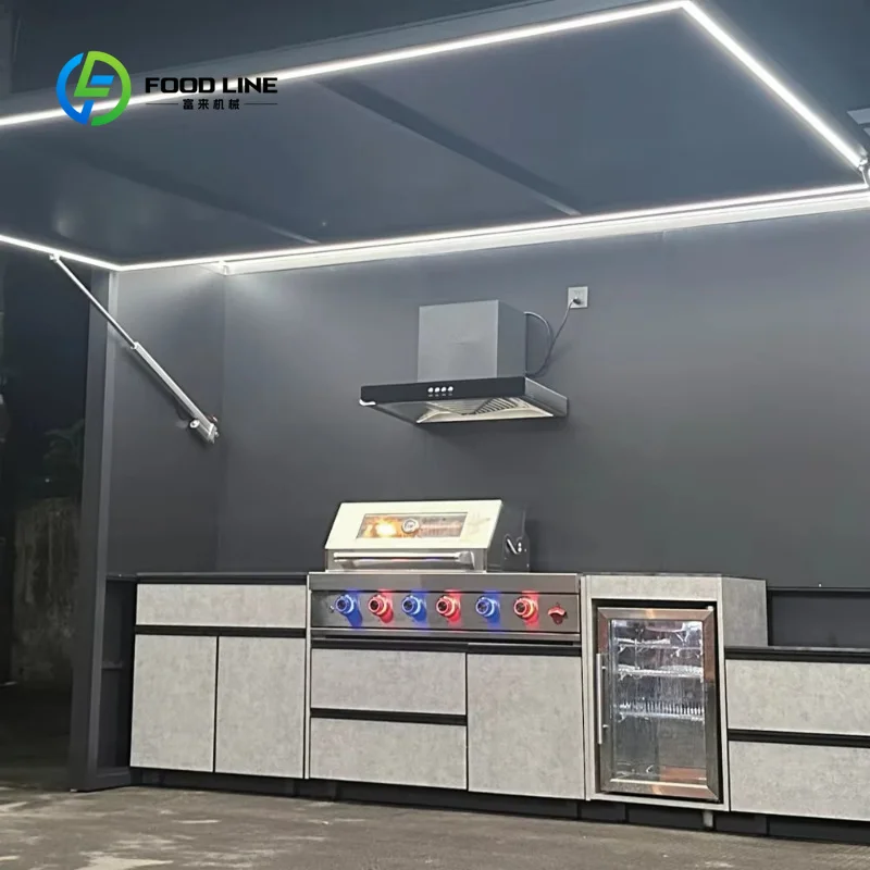 Luxury Customized One-Stop Outdoor BBQ Kitchen Cabinet with Refrigerator Sink Storage Cabinet and Retractable Door House