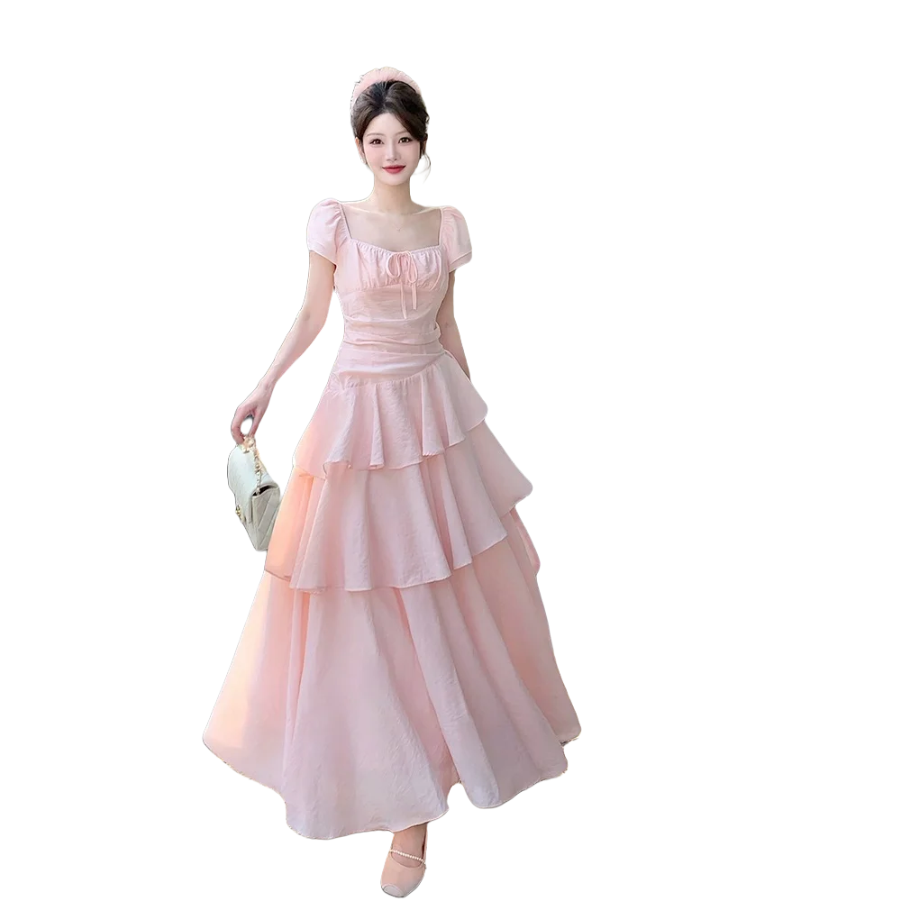 Coigarsam Women's Summer Dress Office Lady Cute Solid High Waist Pink Dresses
