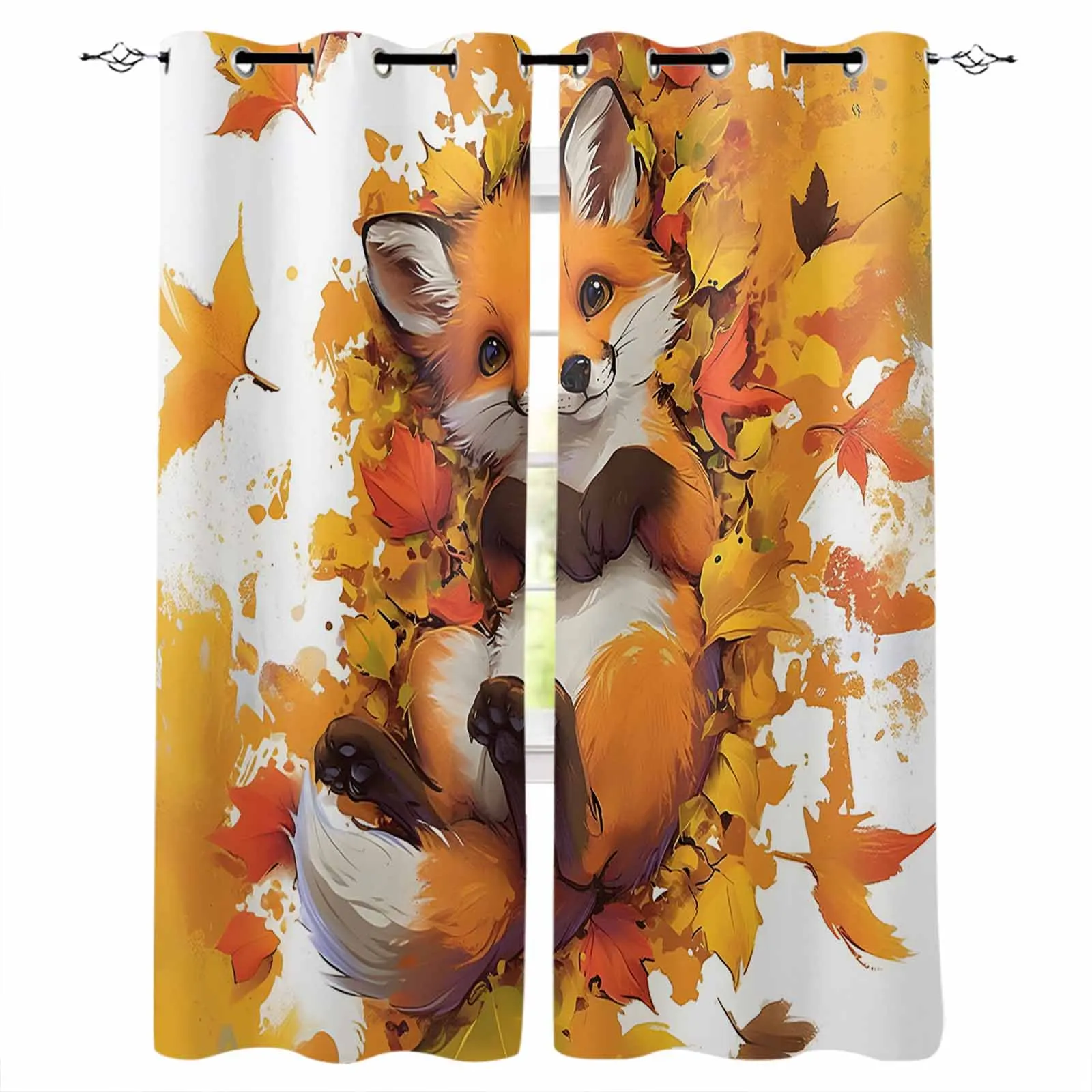 Autumn Leaf Cartoon Animal Fox Curtains for Living Room Window Decoration Curtains in Home Kitchen Luxury Bedroom Drapes