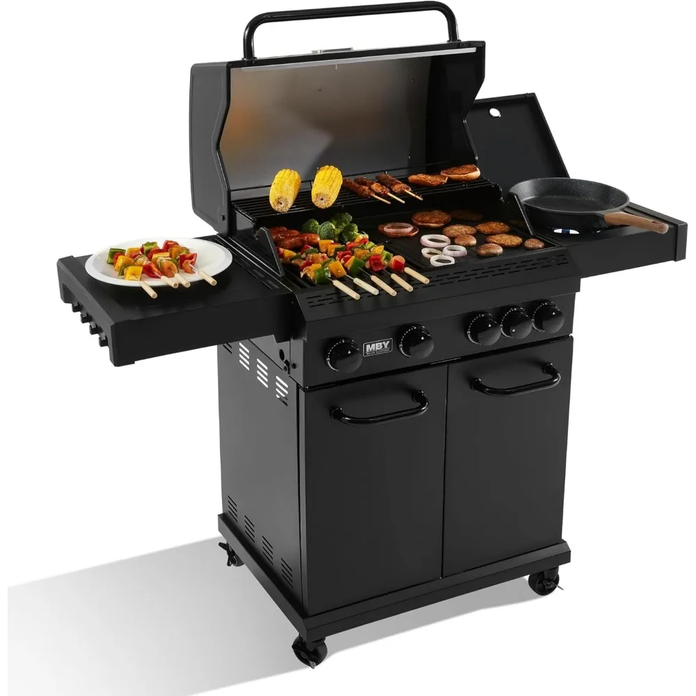 

MBY 4-Burner Propane Gas Grill, 50,000 BTU Heavy Duty Outdoor BBQ Grill with Side Burner, Cast Iron Cooking Grates & Griddle for