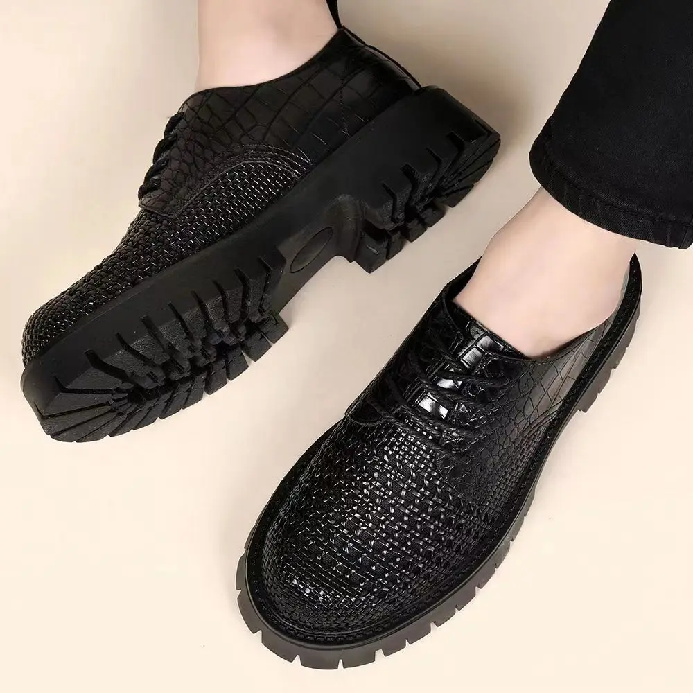 Spring leather woven leather wear-resistant thick-soled heightening casual men's first-layer cowhide breathable hollow shoes