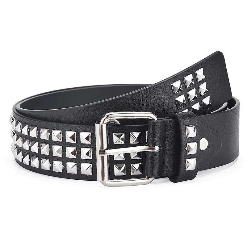 Retro Square Bead Rivet Belt Men Women Universal 3-row Pyramid Inlaid with Silver Punk Gothic Belt Hip Hop Dance Accessories