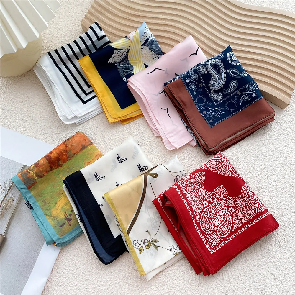 2022 Fashion Korean Printing Stripe Silk Hair Scarf Women Girls Elegant Spring Summer Profession Small Scarf Hair Accessories