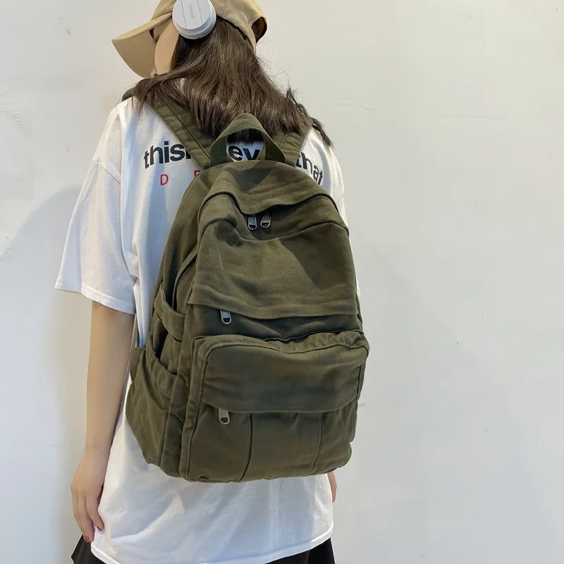 New backpack with large capacity washed solid color canvas bag casual and versatile student backpack outdoor travel bag itabag
