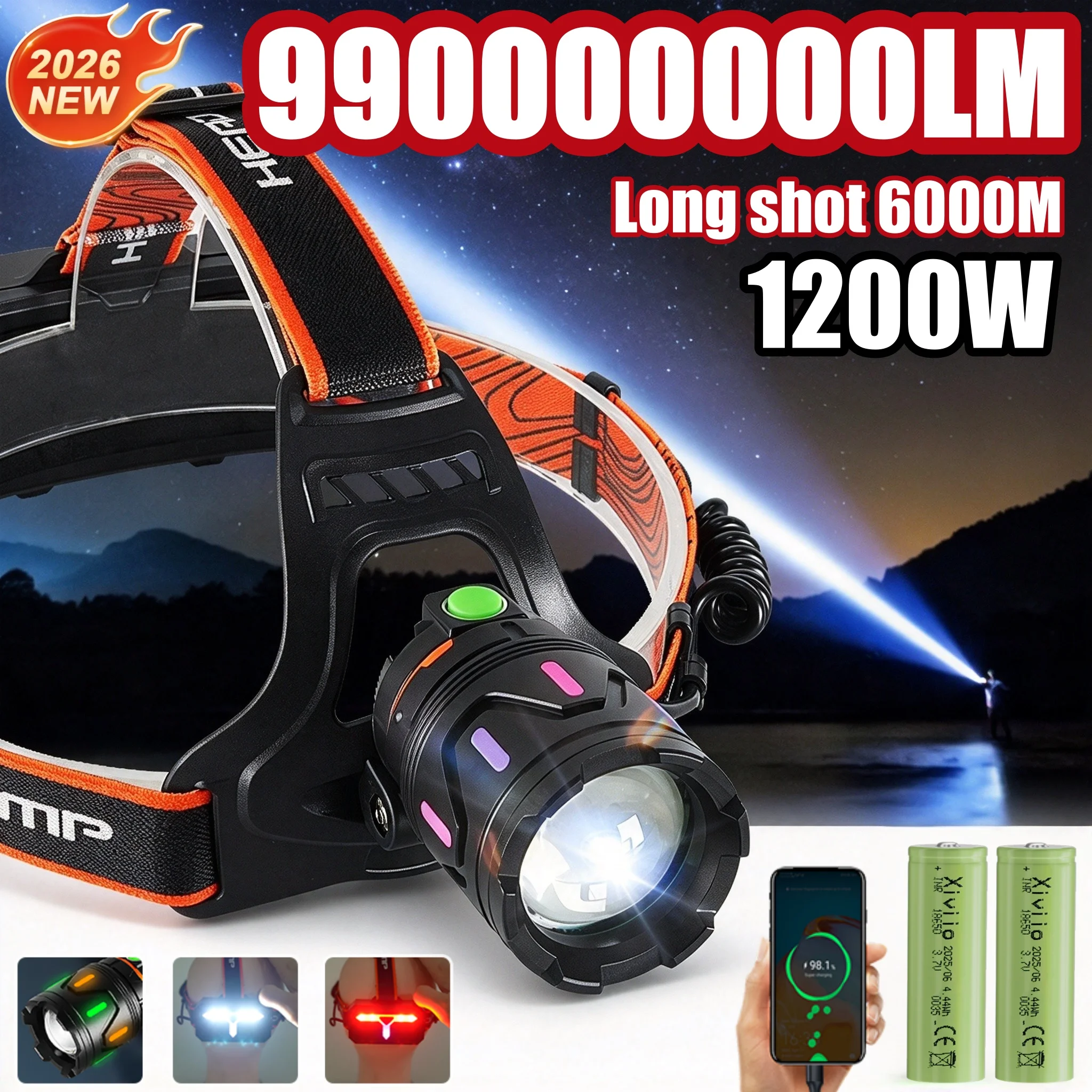 2026年最新モデル-1200w-ledヘッドランプ-長距離照射-6000mズーム機能付き-充電式-防水-cobヘッドライト-キャンプ、釣り、狩猟に最適