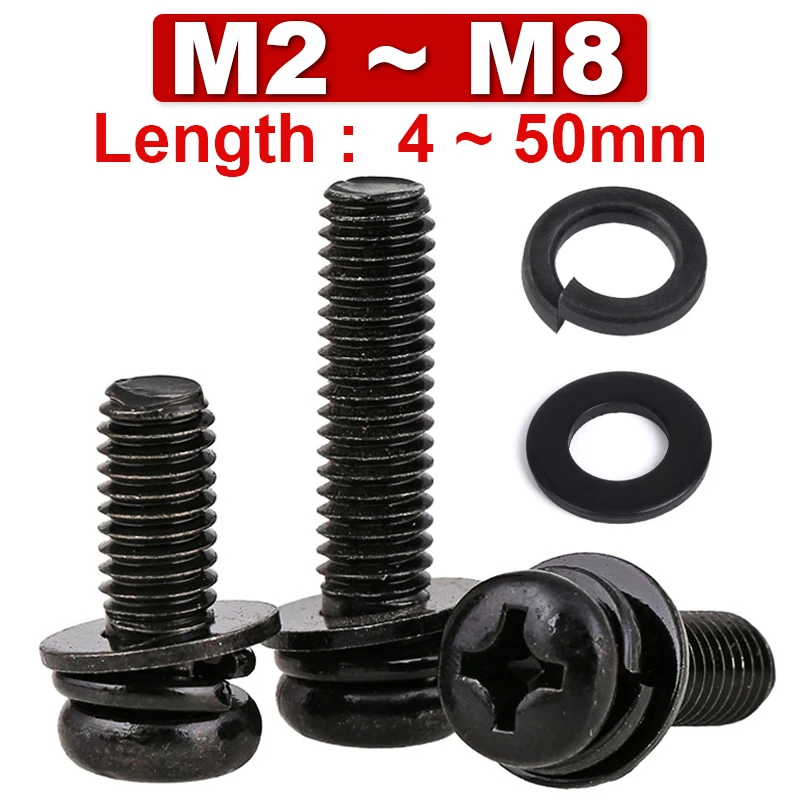 M2 M3 M4 M5 M6M8 Black Zinc Plated Phillips Round Head Screws with Flat Washers Spring Washers Pan Head Screws Three Combination